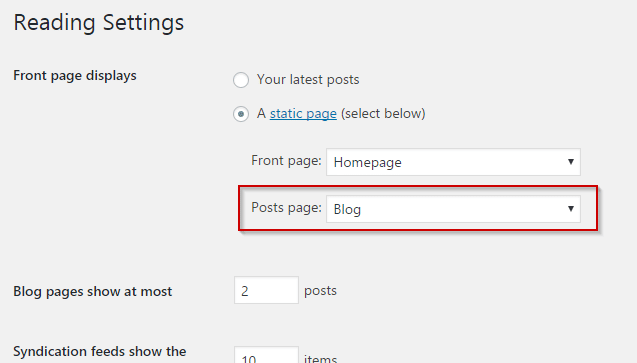 Option to define wordpress blog index page